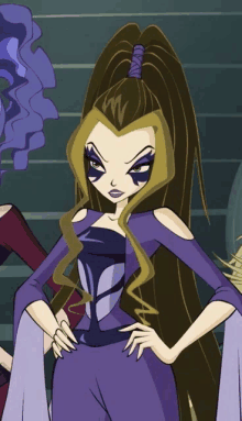 a cartoon character with a ponytail and a purple dress stands with her hands on her hips