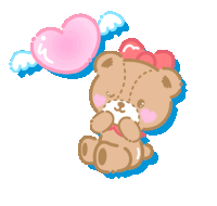 a teddy bear is holding a pink heart with wings on it