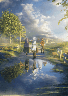 a painting of three people walking down a path with their reflection in the water