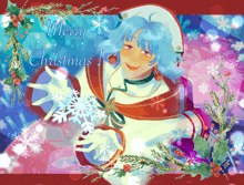 a merry christmas greeting card with a blue haired girl holding a snowflake