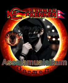 a man wearing a mask is surrounded by a red circle with the words assalamualaikum garmen