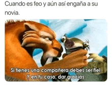 a cartoon of a lion and a squirrel with spanish text .