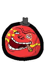 a pixel art drawing of a red ball with a black top hat and a cigar in its mouth .