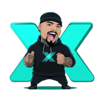 a cartoon of a man wearing a black hoodie with an x on the front