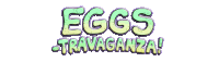 a logo for eggs travaganza written in green and purple