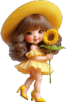 a doll wearing a yellow hat and a yellow dress holds a sunflower