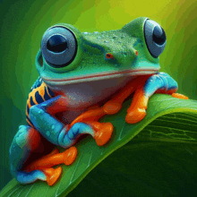 a colorful frog is sitting on top of a green leaf