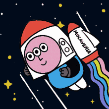 a cartoon character is flying through space with a mocaverse rocket behind him