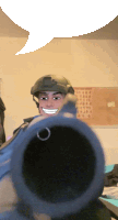 a man in a helmet is smiling while looking through a rifle barrel