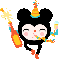 a cartoon mouse wearing a party hat is holding a bottle of champagne and a glass of wine