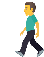 a man in a blue shirt and black pants walking