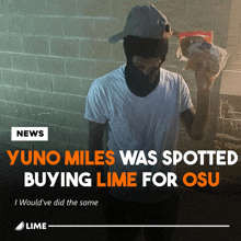 a man in a mask is holding a bag of bread and says yuno miles was spotted buying lime for osu on the bottom