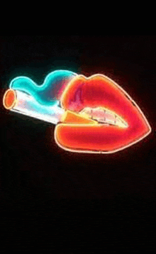 a neon sign of a woman smoking a cigarette with her mouth open .