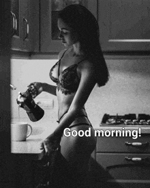 a woman in lingerie is pouring coffee into a cup with the words good morning written below her