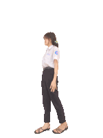 a girl in a white shirt and black pants has a badge on her shoulder that says ' a '