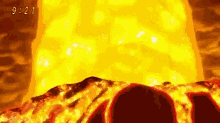 a cartoon illustration of a volcano erupting with a large yellow sun behind it .