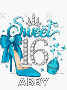 a sweet 16 t-shirt with a blue high heel , cupcake , and a crown .