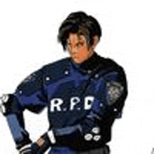 a man in a blue r.p.d. uniform is holding a gun .