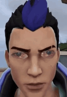 a close up of a man 's face with a blue mohawk and a purple jacket .