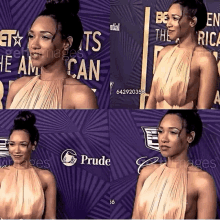 a woman standing on a purple carpet in front of a sign that says " prude "