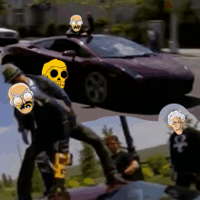 a group of people are standing in front of a car with a skull on it