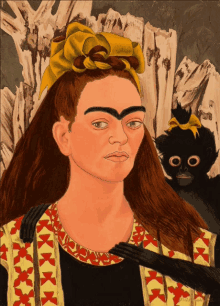 a painting of frida kahlo with a monkey in her arms