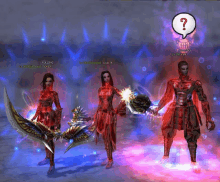 a man and two women are standing in a video game with a question mark in the middle