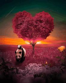 a panda bear carrying a baby bear on its back in front of a tree in the shape of a heart