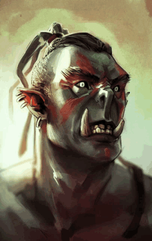 a drawing of an orc with a red face and white eyes