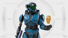 a man in a blue halo infinite armor holding a purple item