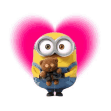 a minion is holding a teddy bear in his hands .