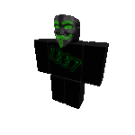 a roblox character wearing a black shirt with 1337 on it and a green mask .