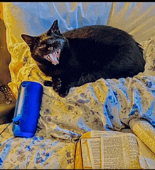 a black cat is laying on a bed next to a book