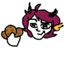 a cartoon drawing of a girl with horns holding a cookie in her hand .