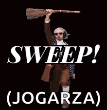 a man holding a broom with the words sweep ( jogarza ) above him