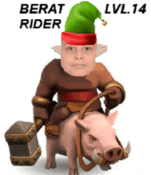 a man in an elf hat is riding a pig