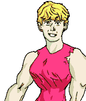 a cartoon drawing of a man with blonde hair and a pink shirt