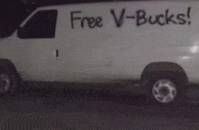 a white van with free v-bucks written on the side of it