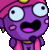 a purple cartoon character wearing a pink hat and overalls is looking at the camera .