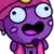 a purple cartoon character wearing a pink hat and overalls is looking at the camera .