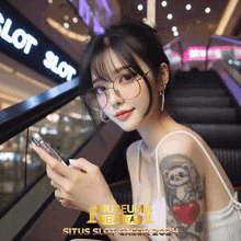 a woman with glasses and a tattoo on her arm is looking at her phone