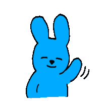 a drawing of a blue bunny with its eyes closed waving