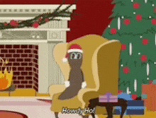 a cartoon cat wearing a santa hat is sitting in a chair in front of a fireplace and christmas tree .