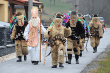 a group of people dressed in costumes walking down a street