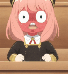 a girl with pink hair and white eyes is sitting at a table with a surprised look on her face