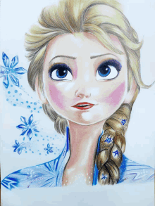 a drawing of a girl with braided hair and blue flowers