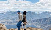 a man and a woman are standing on top of a mountain with a city in the distance