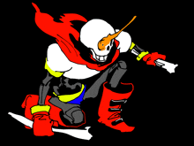 a cartoon drawing of papyrus with a red cape and boots