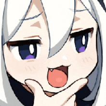 a cartoon girl with white hair and purple eyes is making a funny face with her tongue out .