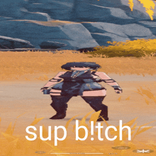 a video game character is standing in a field with the words sup bitch on the bottom